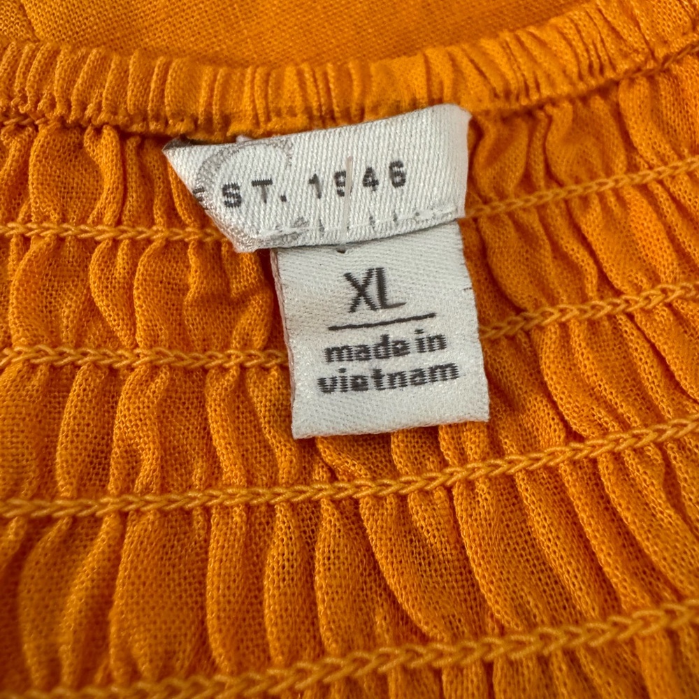 Orange Linen Rayon Smocked Peasant Blouse - XL - Bell Ruffle Sleeves Boho - Picture 7 of 8